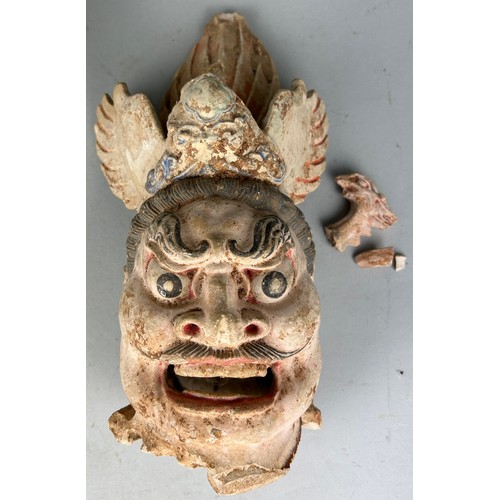 96 - THE HEAD FROM A LARGE CHINESE POTTERY GUARDIAN FIGURE TANG DYNASTY (AD 618-907). 

The biscuit face ... 