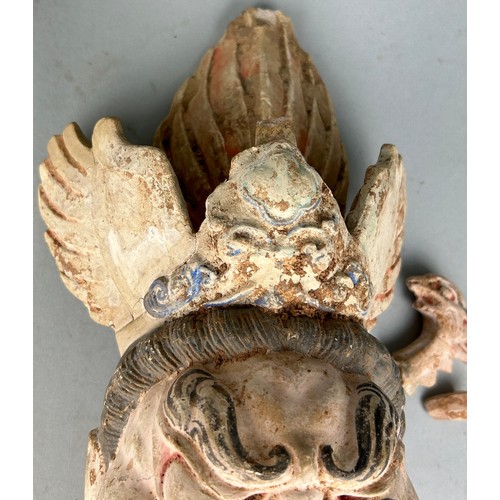 96 - THE HEAD FROM A LARGE CHINESE POTTERY GUARDIAN FIGURE TANG DYNASTY (AD 618-907). 

The biscuit face ... 