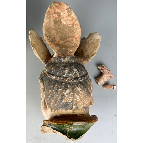 96 - THE HEAD FROM A LARGE CHINESE POTTERY GUARDIAN FIGURE TANG DYNASTY (AD 618-907). 

The biscuit face ... 