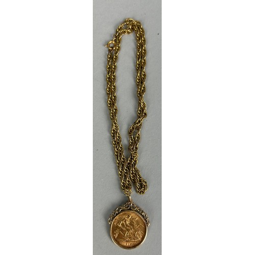 41 - A GOLD HALF SOVEREIGN COIN GEORGE V 1912 ON YELLOW METAL CHAIN (TESTED AS NOT GOLD), 

Total weight:... 