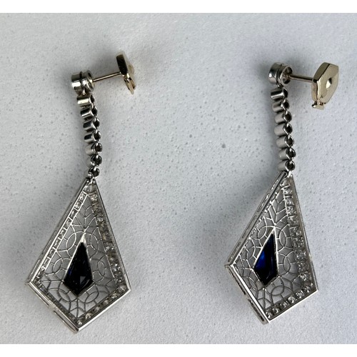 2 - A PAIR OF EDWARDIAN ART DECO SAPPHIRE AND DIAMOND KITE DROP EARRINGS, 

Each with a central shaped s... 