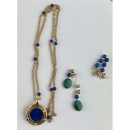 29 - A 9CT GOLD LAPIZ LAZULI NECKLACE, inset with three diamonds, marked to the clasp, together with a pa... 