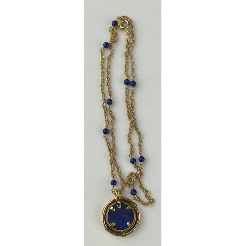 29 - A 9CT GOLD LAPIZ LAZULI NECKLACE, inset with three diamonds, marked to the clasp, together with a pa... 