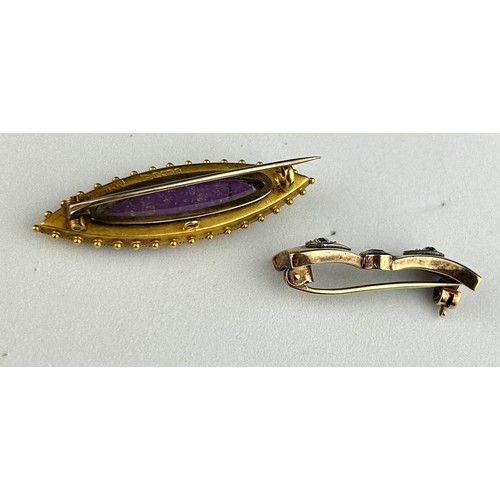 16 - TWO ANTIQUE 9CT GOLD BROOCHES SET WITH TINY DIAMONDS AND SEED PEARLS.

Weight 7.3gms