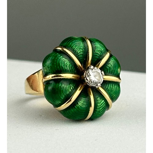 4 - A FABERGE STYLE STATEMENT RING, GREEN ENAMEL AND GOLD WITH A CENTRAL DIAMOND. By repute custom made ... 