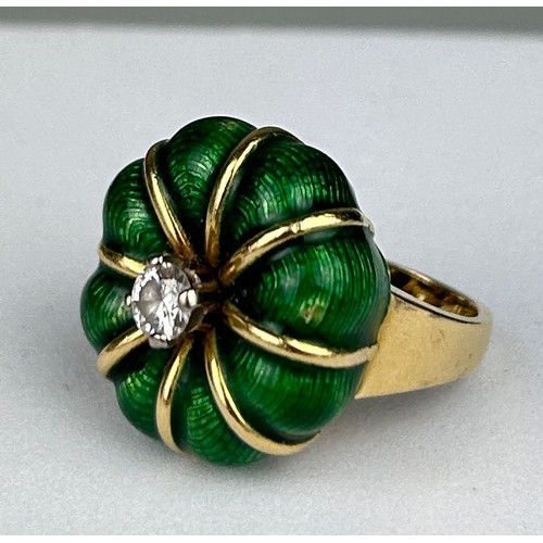 4 - A FABERGE STYLE STATEMENT RING, GREEN ENAMEL AND GOLD WITH A CENTRAL DIAMOND. By repute custom made ... 