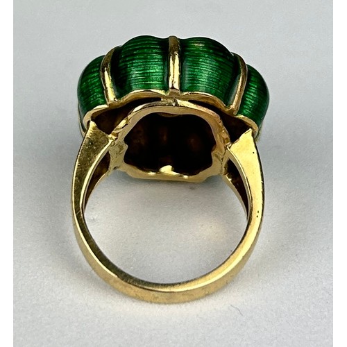 4 - A FABERGE STYLE STATEMENT RING, GREEN ENAMEL AND GOLD WITH A CENTRAL DIAMOND. By repute custom made ... 