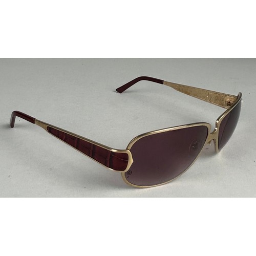 57 - A PAIR OF CARTIER EDITION C GOLD COLOUR RIMMED SUNGLASSES, with faux burgundy crocodile skin detail,... 