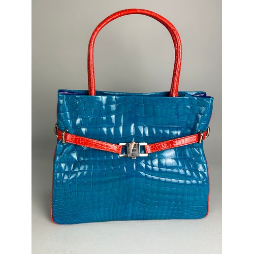 58 - A LANA MARKS POSTIANO TRI-COLOUR ALLIGATOR SKIN HANDBAG, red, teal and cobalt blue with a front clas... 