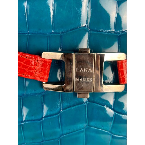 58 - A LANA MARKS POSTIANO TRI-COLOUR ALLIGATOR SKIN HANDBAG, red, teal and cobalt blue with a front clas... 