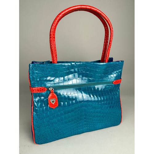 58 - A LANA MARKS POSTIANO TRI-COLOUR ALLIGATOR SKIN HANDBAG, red, teal and cobalt blue with a front clas... 