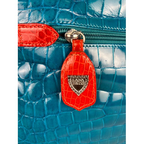 58 - A LANA MARKS POSTIANO TRI-COLOUR ALLIGATOR SKIN HANDBAG, red, teal and cobalt blue with a front clas... 