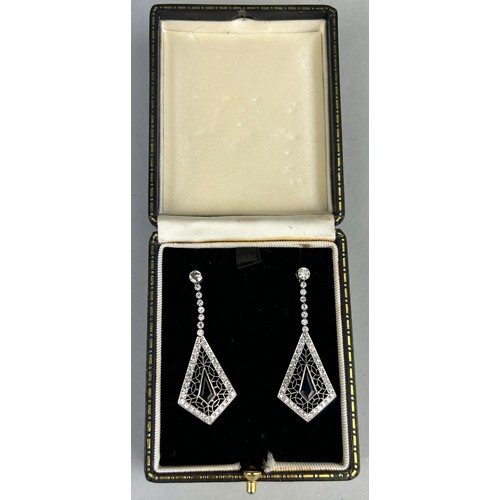8 - A PAIR OF EDWARDIAN ART DECO SAPPHIRE AND DIAMOND KITE DROP EARRINGS, 

Each with a central shaped s... 
