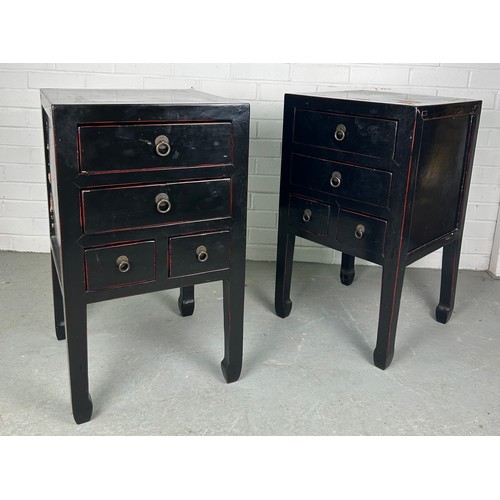 506 - A PAIR OF BLACK LACQUERED CHINESE DESIGN BEDSIDE TABLES POSSIBLY RETAILED BY OKA (2)