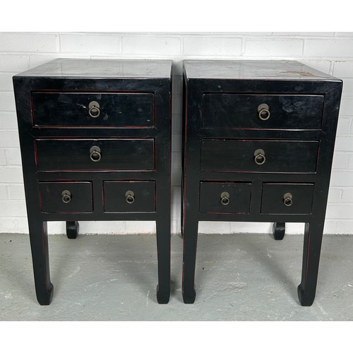 506 - A PAIR OF BLACK LACQUERED CHINESE DESIGN BEDSIDE TABLES POSSIBLY RETAILED BY OKA (2)