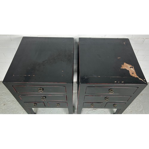 506 - A PAIR OF BLACK LACQUERED CHINESE DESIGN BEDSIDE TABLES POSSIBLY RETAILED BY OKA (2)