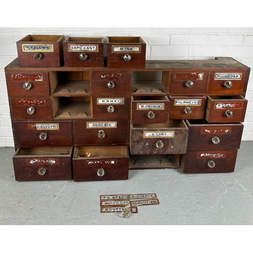 454 - A LARGE EARLY 20TH CENTURY APOTHECARY CABINET WITH ORIGINAL GLASS LABELS, 

For restoration, one dra... 