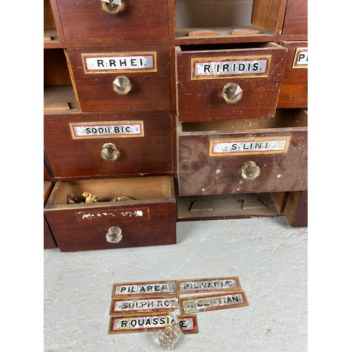 454 - A LARGE EARLY 20TH CENTURY APOTHECARY CABINET WITH ORIGINAL GLASS LABELS, 

For restoration, one dra... 