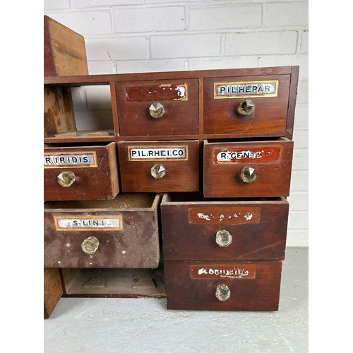 454 - A LARGE EARLY 20TH CENTURY APOTHECARY CABINET WITH ORIGINAL GLASS LABELS, 

For restoration, one dra... 