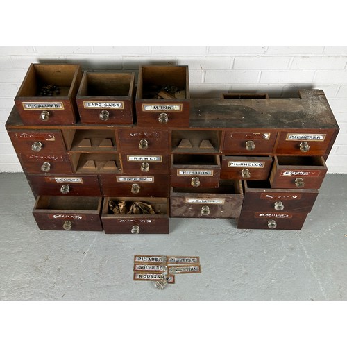 454 - A LARGE EARLY 20TH CENTURY APOTHECARY CABINET WITH ORIGINAL GLASS LABELS, 

For restoration, one dra... 