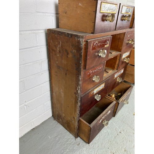 454 - A LARGE EARLY 20TH CENTURY APOTHECARY CABINET WITH ORIGINAL GLASS LABELS, 

For restoration, one dra... 