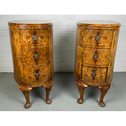 507 - A PAIR OF BURR WALNUT SIDE TABLES EACH WITH THREE DRAWERS (2)