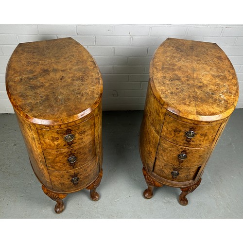 507 - A PAIR OF BURR WALNUT SIDE TABLES EACH WITH THREE DRAWERS (2)