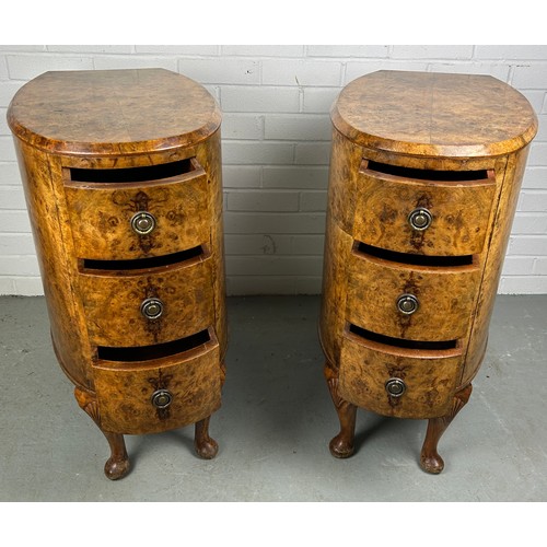 507 - A PAIR OF BURR WALNUT SIDE TABLES EACH WITH THREE DRAWERS (2)