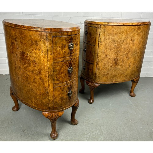 507 - A PAIR OF BURR WALNUT SIDE TABLES EACH WITH THREE DRAWERS (2)