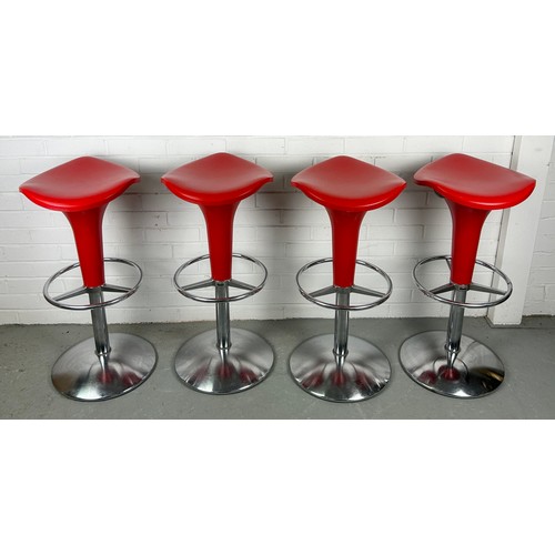 520 - A SET OF FOUR REXITE ITALIAN RED LEATHER SWIVEL BAR STOOLS (4)