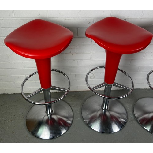 520 - A SET OF FOUR REXITE ITALIAN RED LEATHER SWIVEL BAR STOOLS (4)