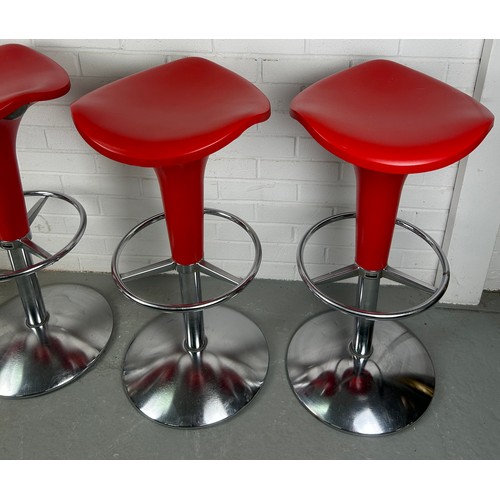 520 - A SET OF FOUR REXITE ITALIAN RED LEATHER SWIVEL BAR STOOLS (4)