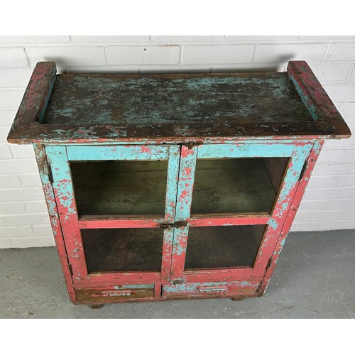 497 - A BLUE AND RED PAINTED TEAK INDIAN CUPBOARD,

93cm x 80cm x 33cm