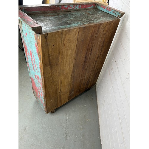 497 - A BLUE AND RED PAINTED TEAK INDIAN CUPBOARD,

93cm x 80cm x 33cm