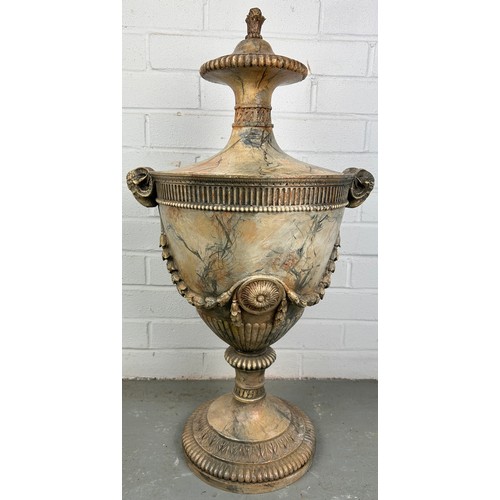 487 - A HEAVY PAINTED CLASSICAL STYLE URN WITH RAMS HEAD DETAILS,

70cm H