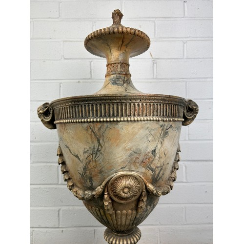 487 - A HEAVY PAINTED CLASSICAL STYLE URN WITH RAMS HEAD DETAILS,

70cm H