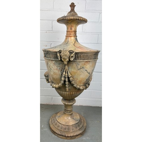 487 - A HEAVY PAINTED CLASSICAL STYLE URN WITH RAMS HEAD DETAILS,

70cm H