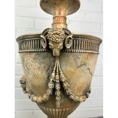 487 - A HEAVY PAINTED CLASSICAL STYLE URN WITH RAMS HEAD DETAILS,

70cm H