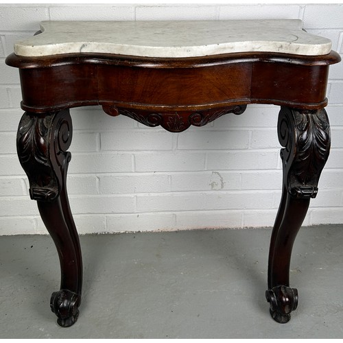 459 - A GEORGIAN DESIGN CONSOLE TABLE WITH WHITE MARBLE TOP, 

Two legs heavily carved with acanthus leave... 