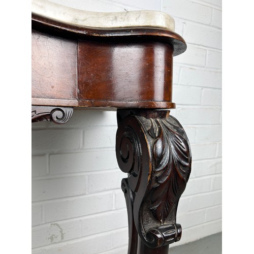 459 - A GEORGIAN DESIGN CONSOLE TABLE WITH WHITE MARBLE TOP, 

Two legs heavily carved with acanthus leave... 