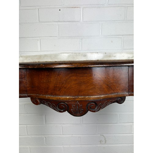 459 - A GEORGIAN DESIGN CONSOLE TABLE WITH WHITE MARBLE TOP, 

Two legs heavily carved with acanthus leave... 