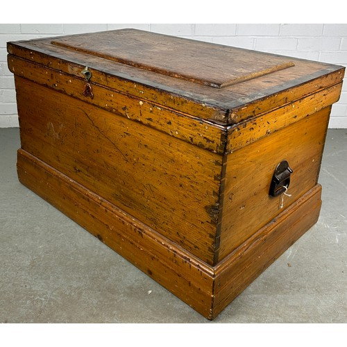 472 - A LARGE 19TH CENTURY PINE CARPENTERS BOX,

102cm x 63cm x 60cm 

The rising lid opening to reveal a ... 