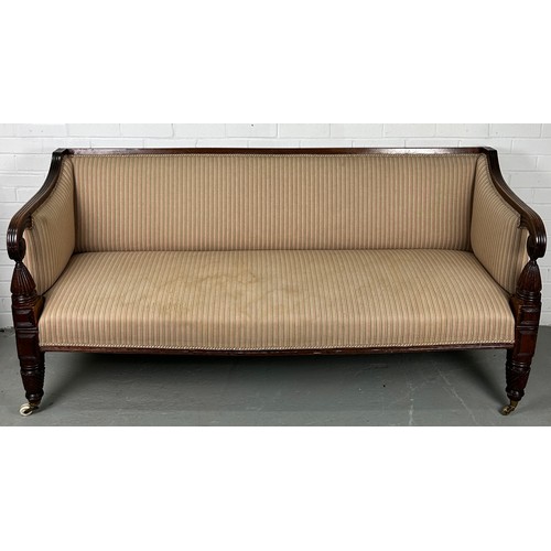 466 - A LARGE 19TH CENTURY GEORGE III DESIGN SETTEE UPHOLSTERED IN PINK AND CREAM TICKING FABRIC, 

Raised... 