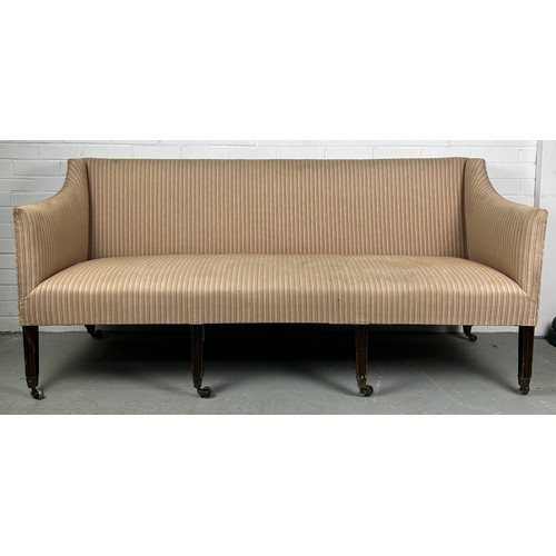 467 - A LARGE 19TH CENTURY GEORGE III DESIGN SETTEE UPHOLSTERED IN PINK AND CREAM TICKING FABRIC, 

180cm ... 