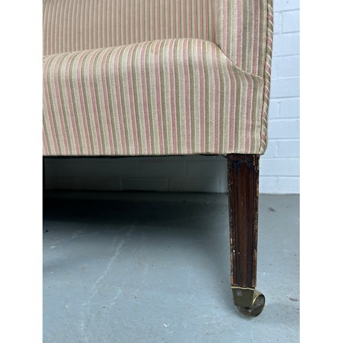 467 - A LARGE 19TH CENTURY GEORGE III DESIGN SETTEE UPHOLSTERED IN PINK AND CREAM TICKING FABRIC, 

180cm ... 