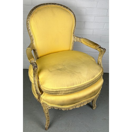 479 - A FRENCH LOUIS XVI STYLE FAUTEUIL WITH YELLOW UPHOLSTERED FABRIC AND CUSHION