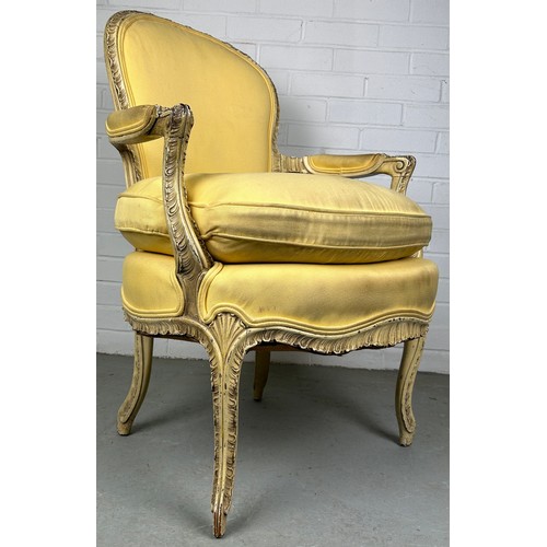 479 - A FRENCH LOUIS XVI STYLE FAUTEUIL WITH YELLOW UPHOLSTERED FABRIC AND CUSHION