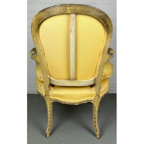 479 - A FRENCH LOUIS XVI STYLE FAUTEUIL WITH YELLOW UPHOLSTERED FABRIC AND CUSHION