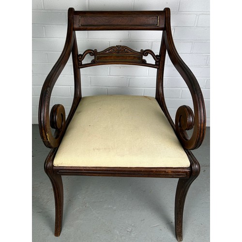 480 - A REGENCY DESKCHAIR WITH BRASS DETAIL AND SCROLLED ARMS