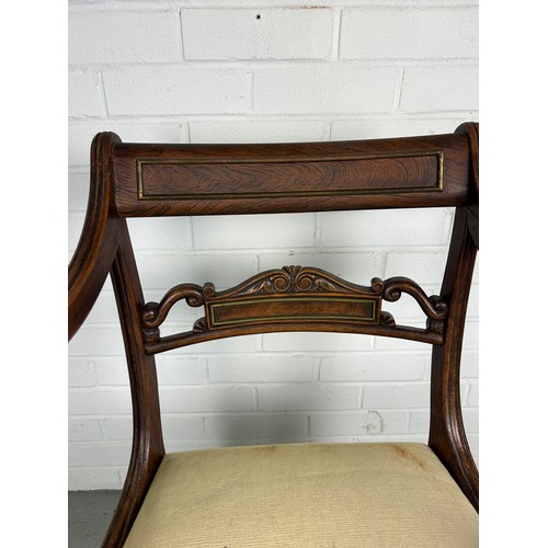 480 - A REGENCY DESKCHAIR WITH BRASS DETAIL AND SCROLLED ARMS